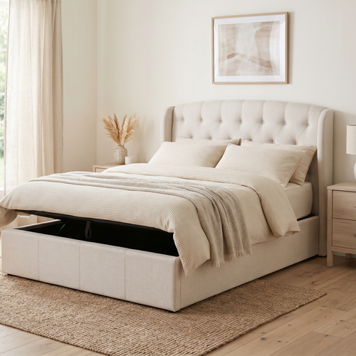 Dallas Double Bed With Gas Lift In Natural Upholstery