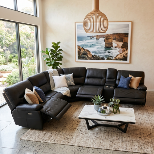 Caruso 100% Leather Modular With 3 x Electric Recliners In Black