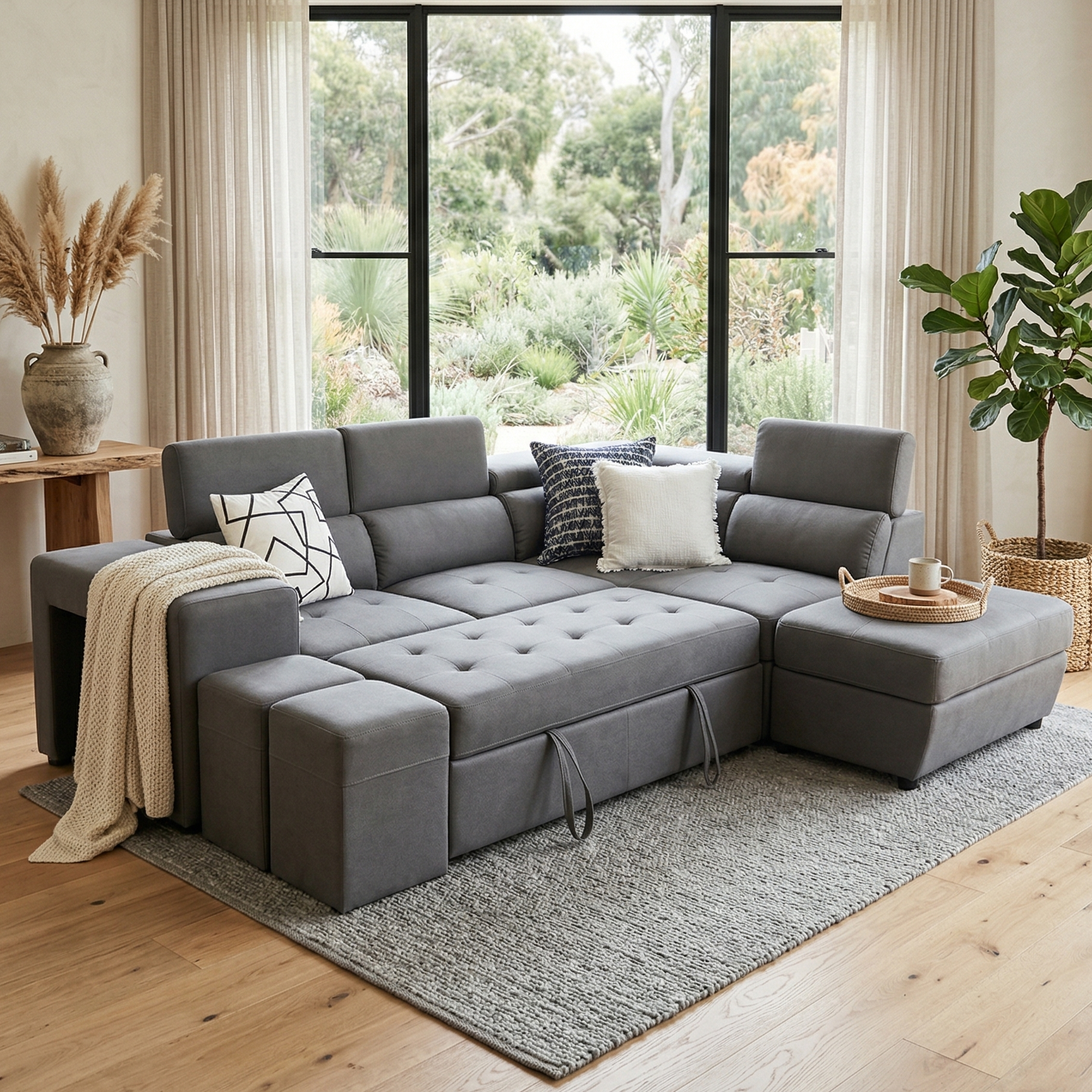 Hermes right chaise with sofabed in grey