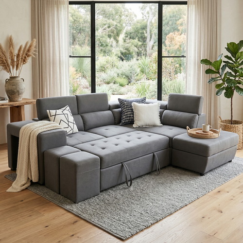 Hermes right chaise with sofabed in grey