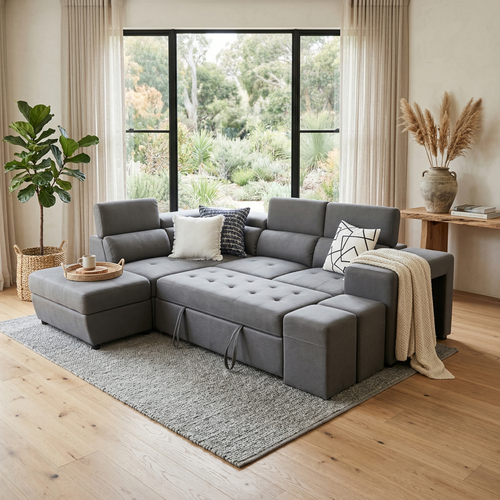 Hermes left chaise with sofabed in grey