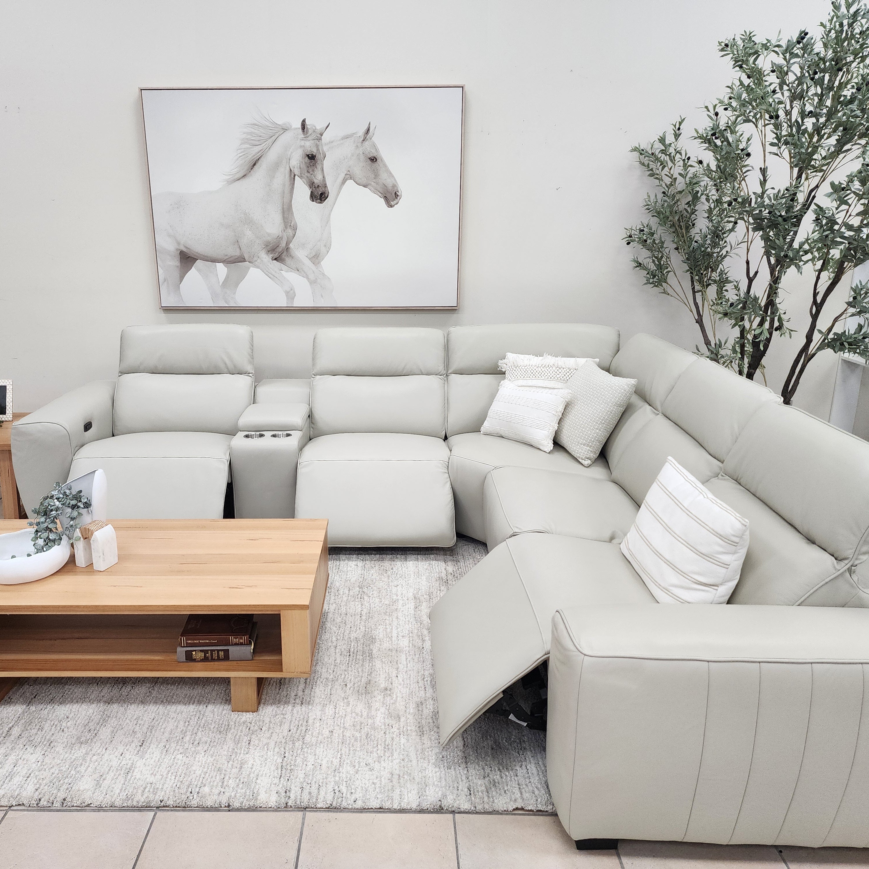 Haines Modular Lounge With 3 Dual Motor Electric Recliners In Light Grey Leather