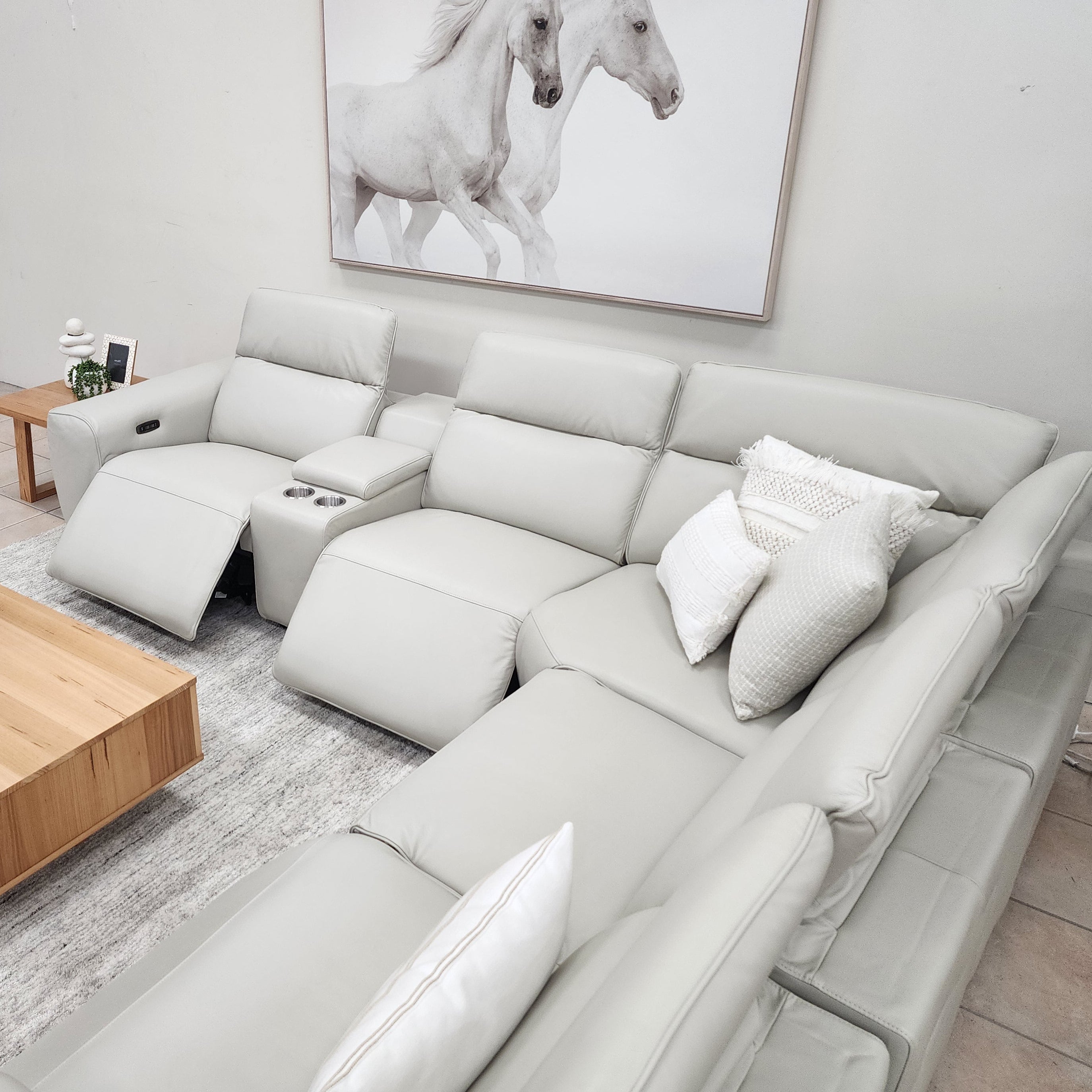 Haines Modular Lounge With 3 Dual Motor Electric Recliners In Light Grey Leather