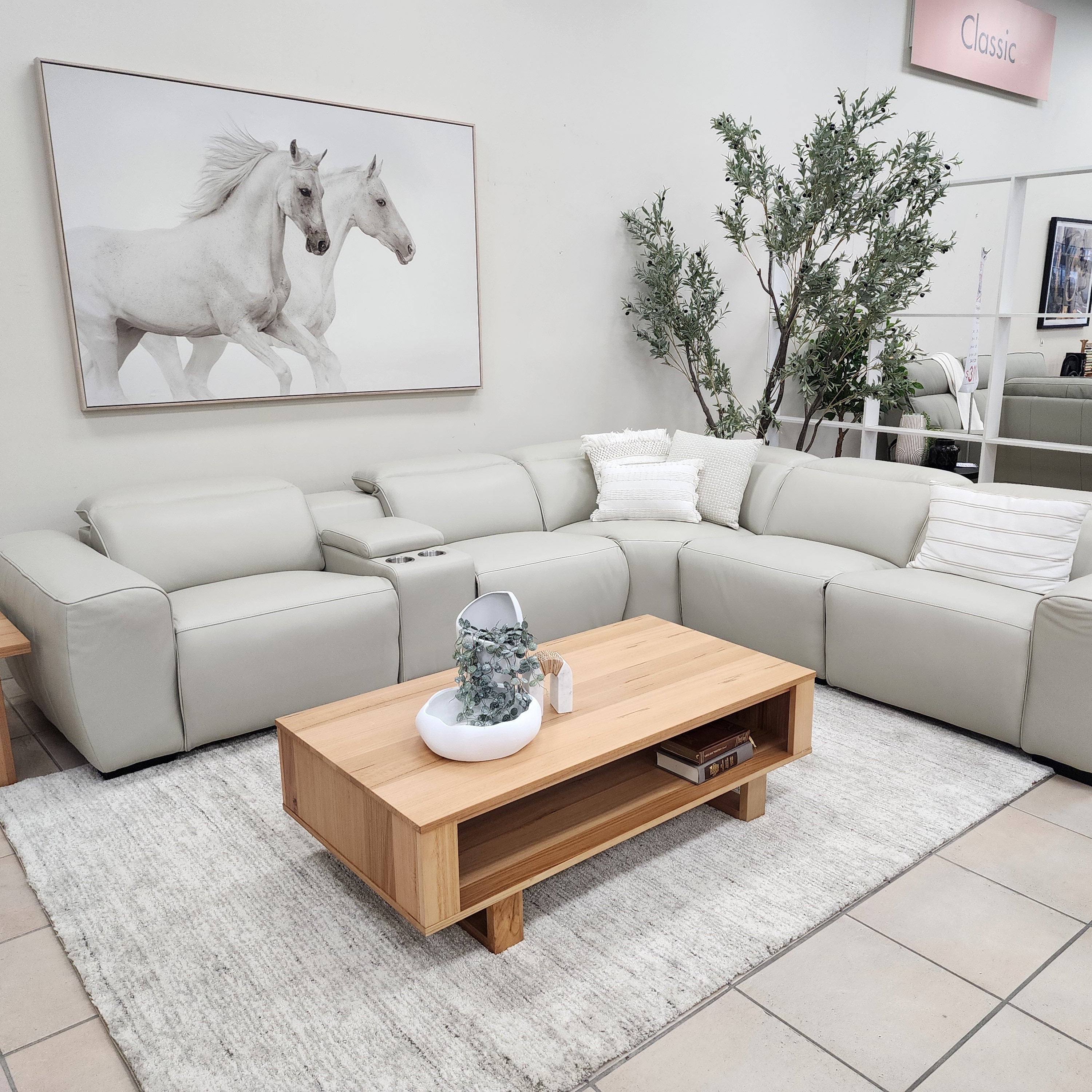 Haines Modular Lounge With 3 Dual Motor Electric Recliners In Light Grey Leather