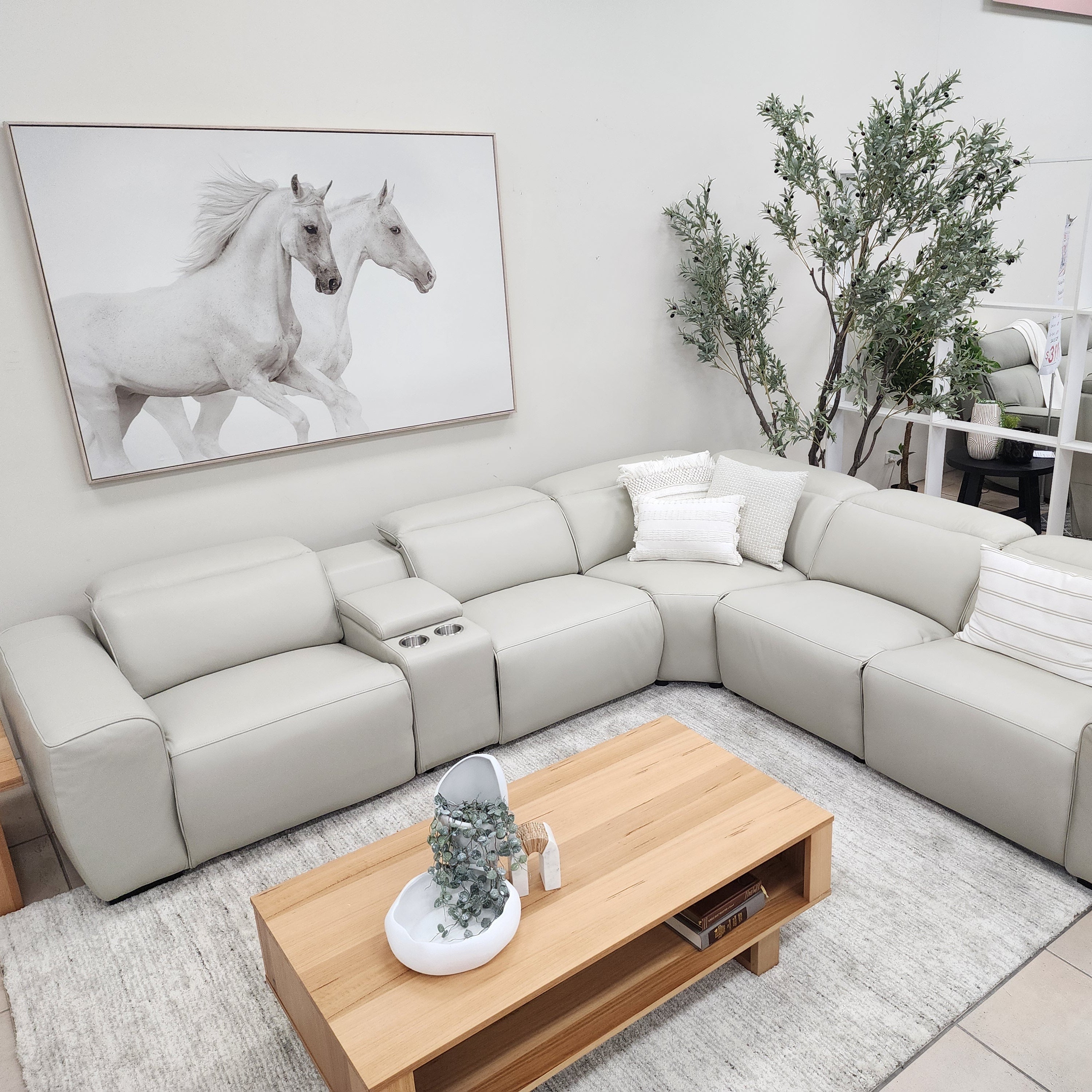 Haines Modular Lounge With 3 Dual Motor Electric Recliners In Light Grey Leather