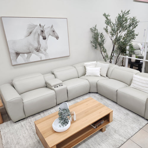 Haines Modular Lounge With 3 Dual Motor Electric Recliners In Light Grey Leather