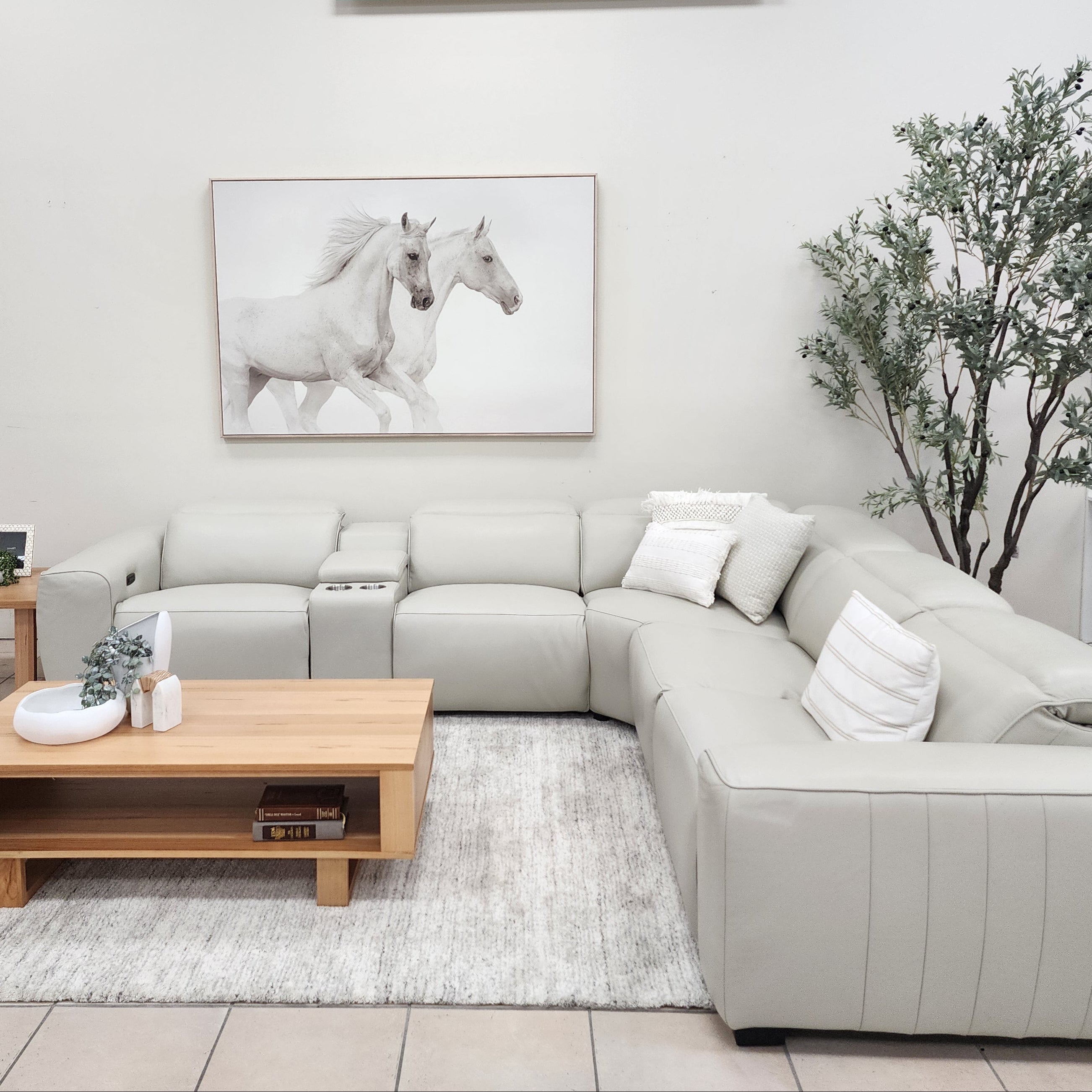 Haines Modular Lounge With 3 Dual Motor Electric Recliners In Light Grey Leather