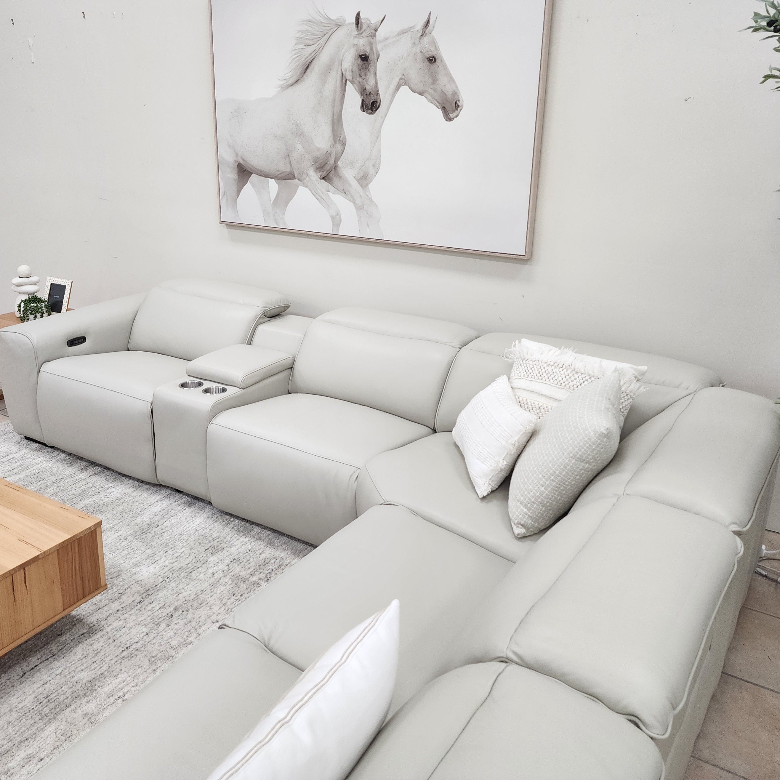 Haines Modular Lounge With 3 Dual Motor Electric Recliners In Light Grey Leather