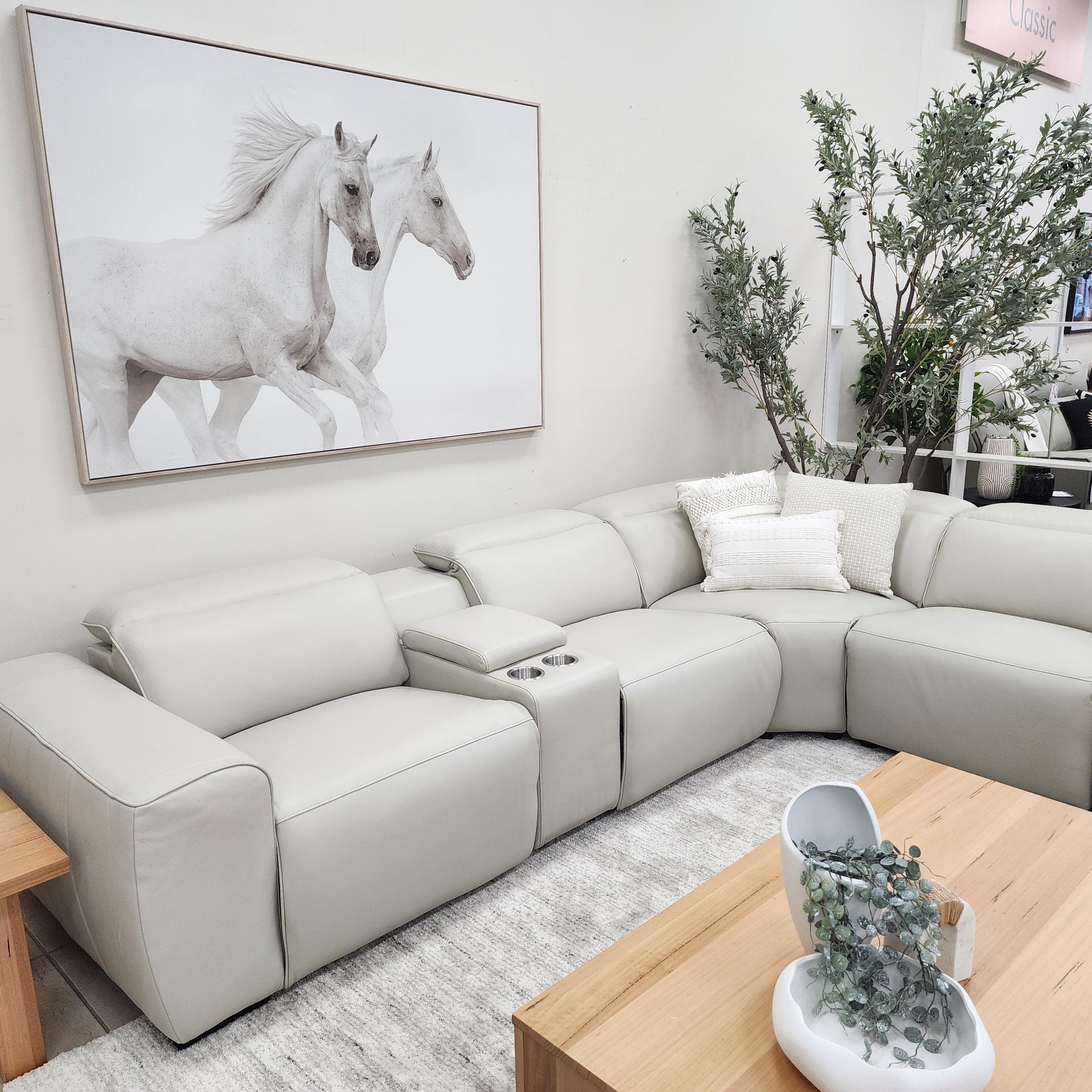 Haines Modular Lounge With 3 Dual Motor Electric Recliners In Light Grey Leather