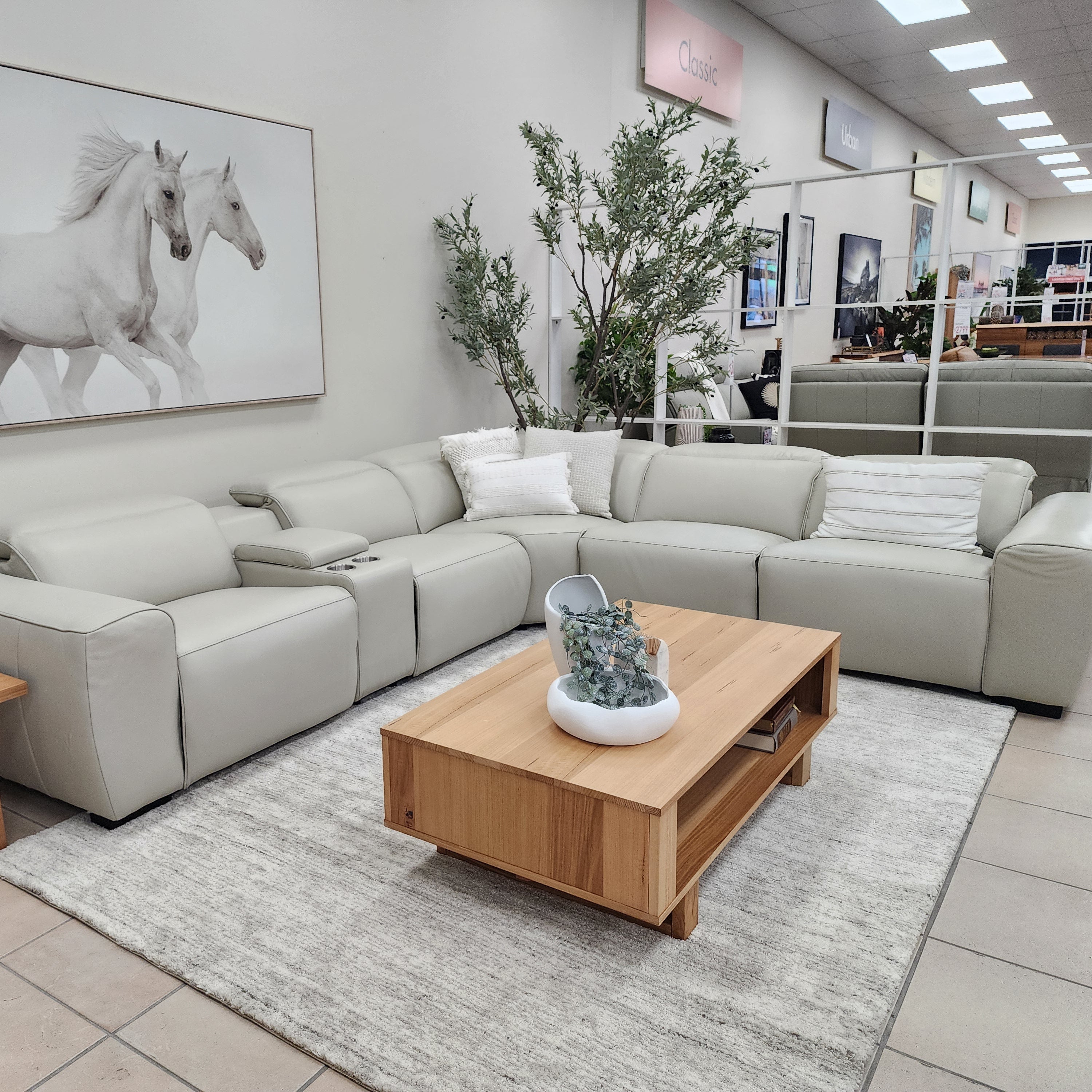 Haines Modular Lounge With 3 Dual Motor Electric Recliners In Light Grey Leather