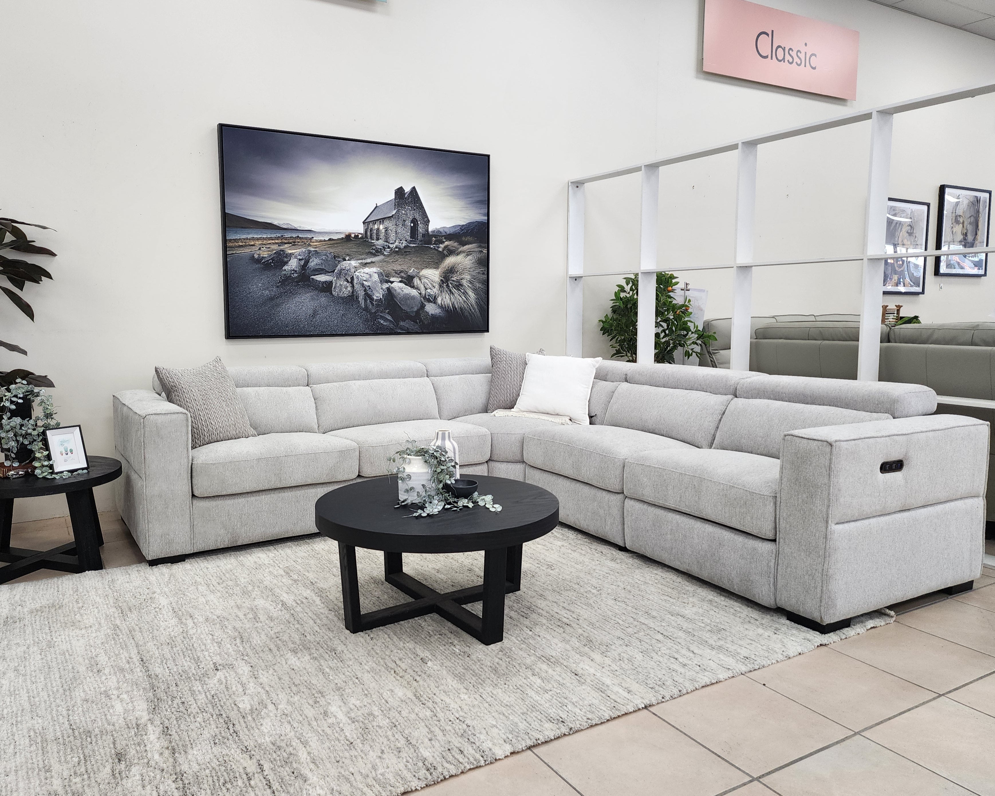 Fairmont Left Corner Sofa Bed With Electric Recliner In Light Grey