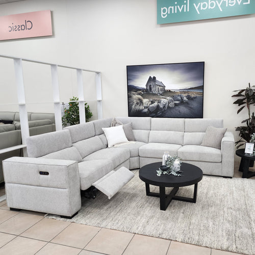 Fairmont Right Corner Sofa Bed With Electric Recliner In Light Grey