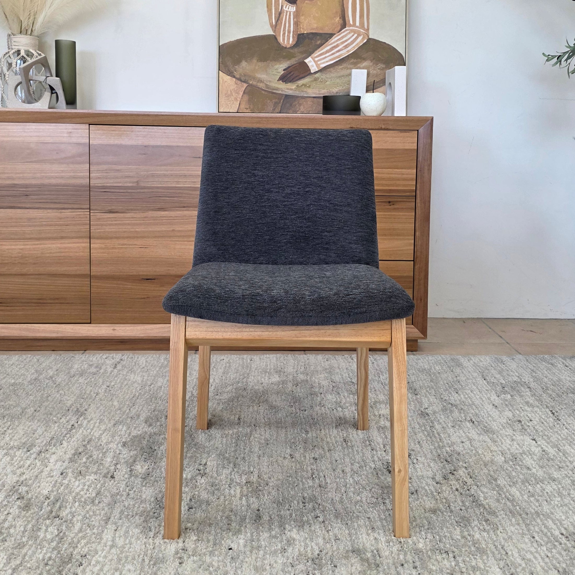 Alexa Dining Chair In Natural Timber & Charcoal Upholstery