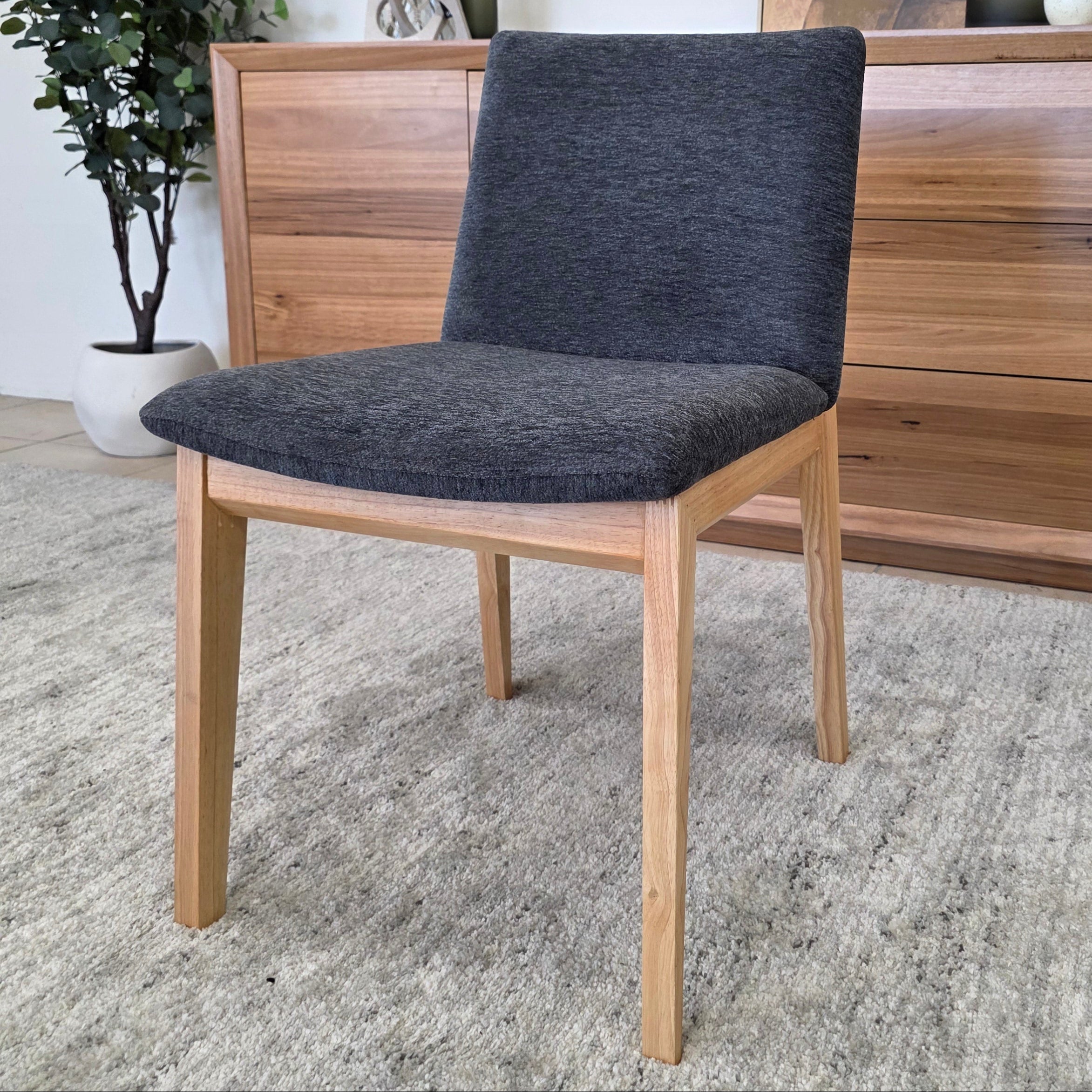 Alexa Dining Chair In Natural Timber & Charcoal Upholstery