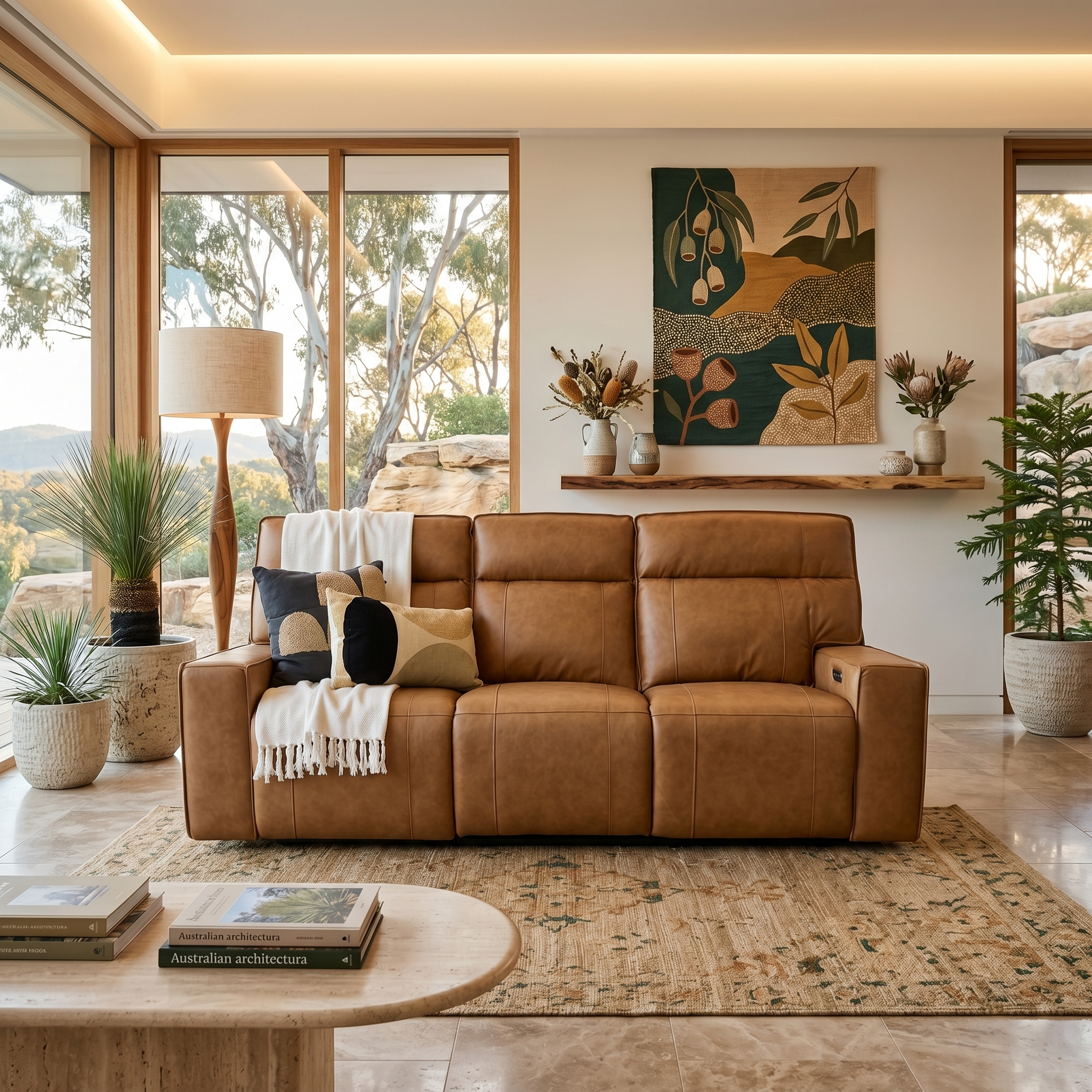 Rockville 3 seater with dual electric recliners in vintage tan leather