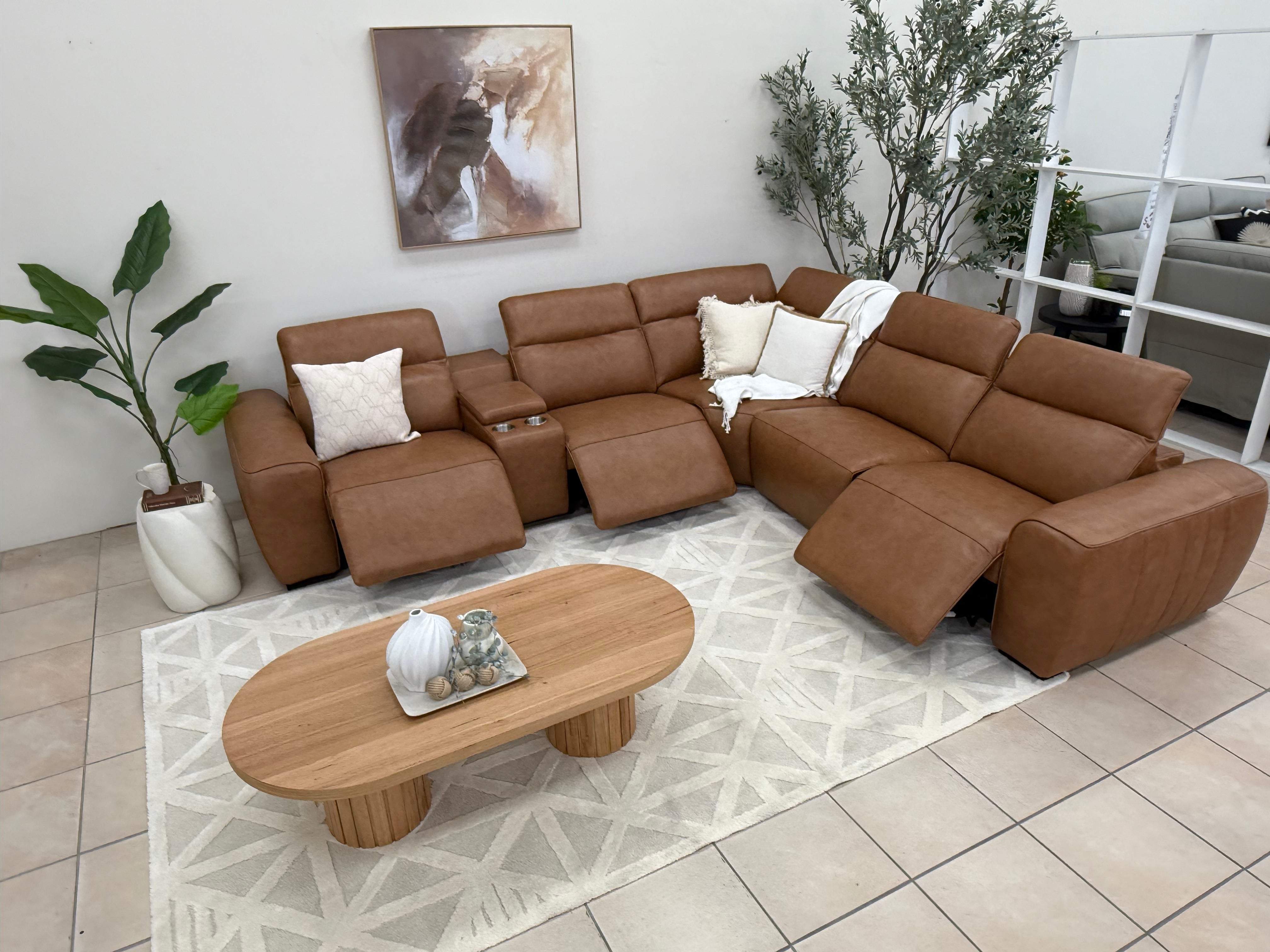 Haines Modular Lounge With 3 Dual Motor Electric Recliners In Tan Leather
