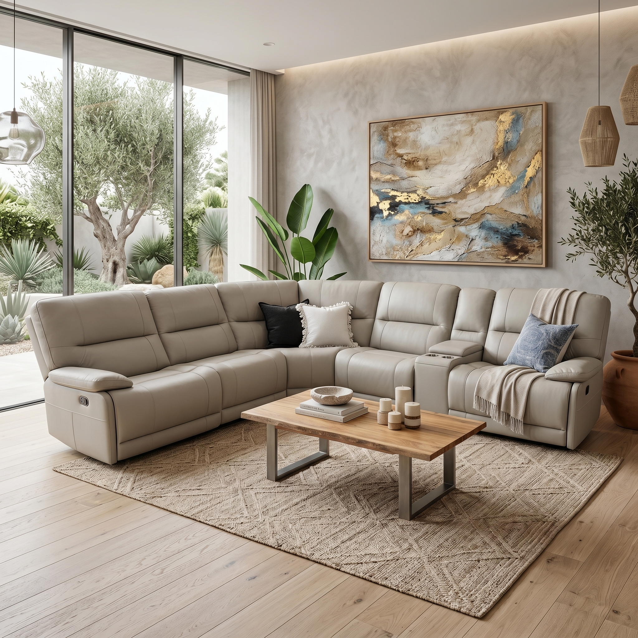 Caruso 100% Leather Modular With 3 x Electric Recliners In Beige Stone