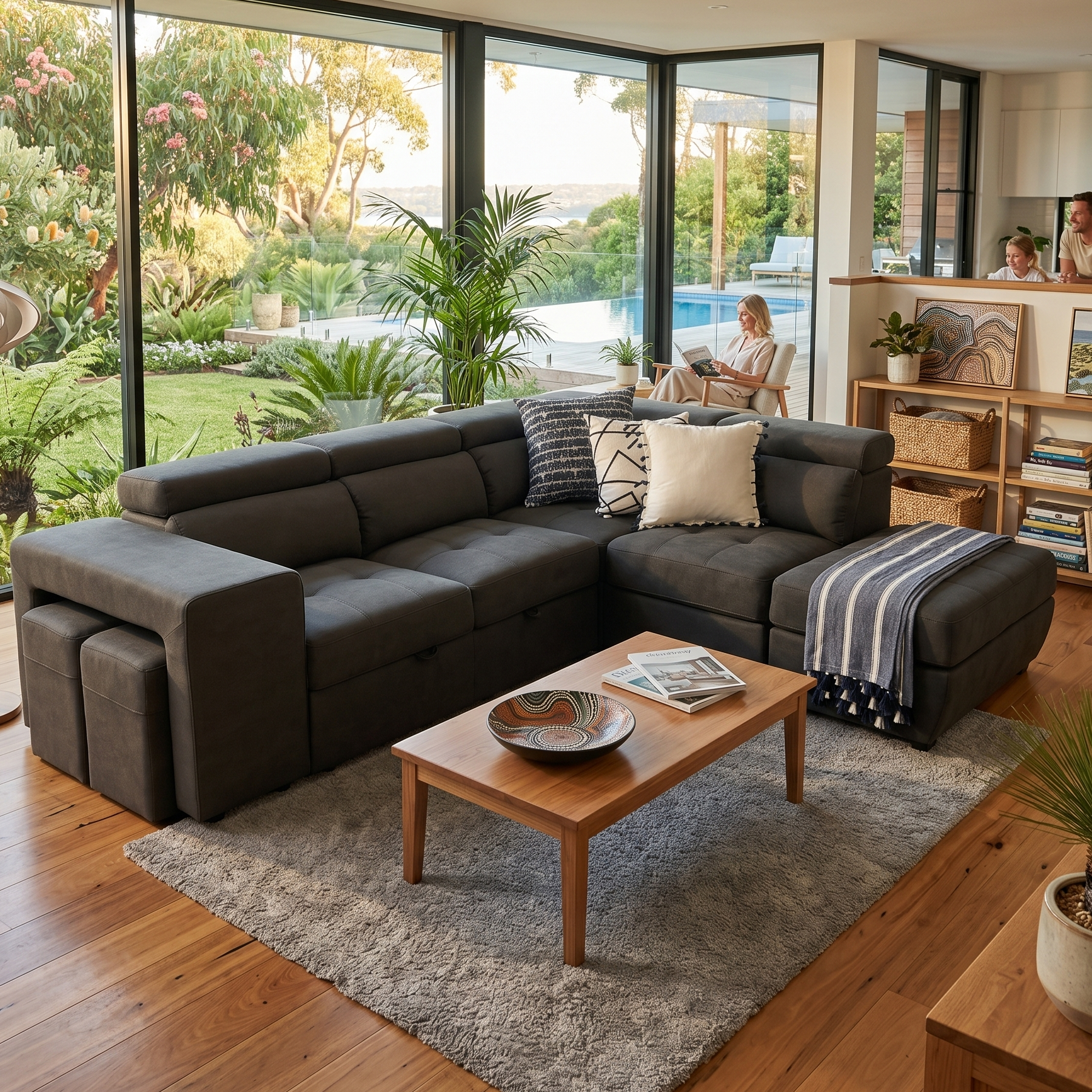 Hermes Right Chaise with sofa bed in charcoal