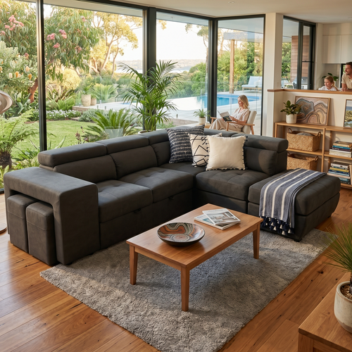 Hermes Right Chaise with sofa bed in charcoal