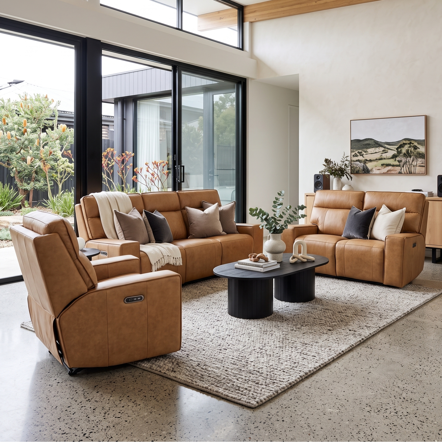 Rockville 3+2+1 Dual Motion Recliner Package in Vintage Tan Leather