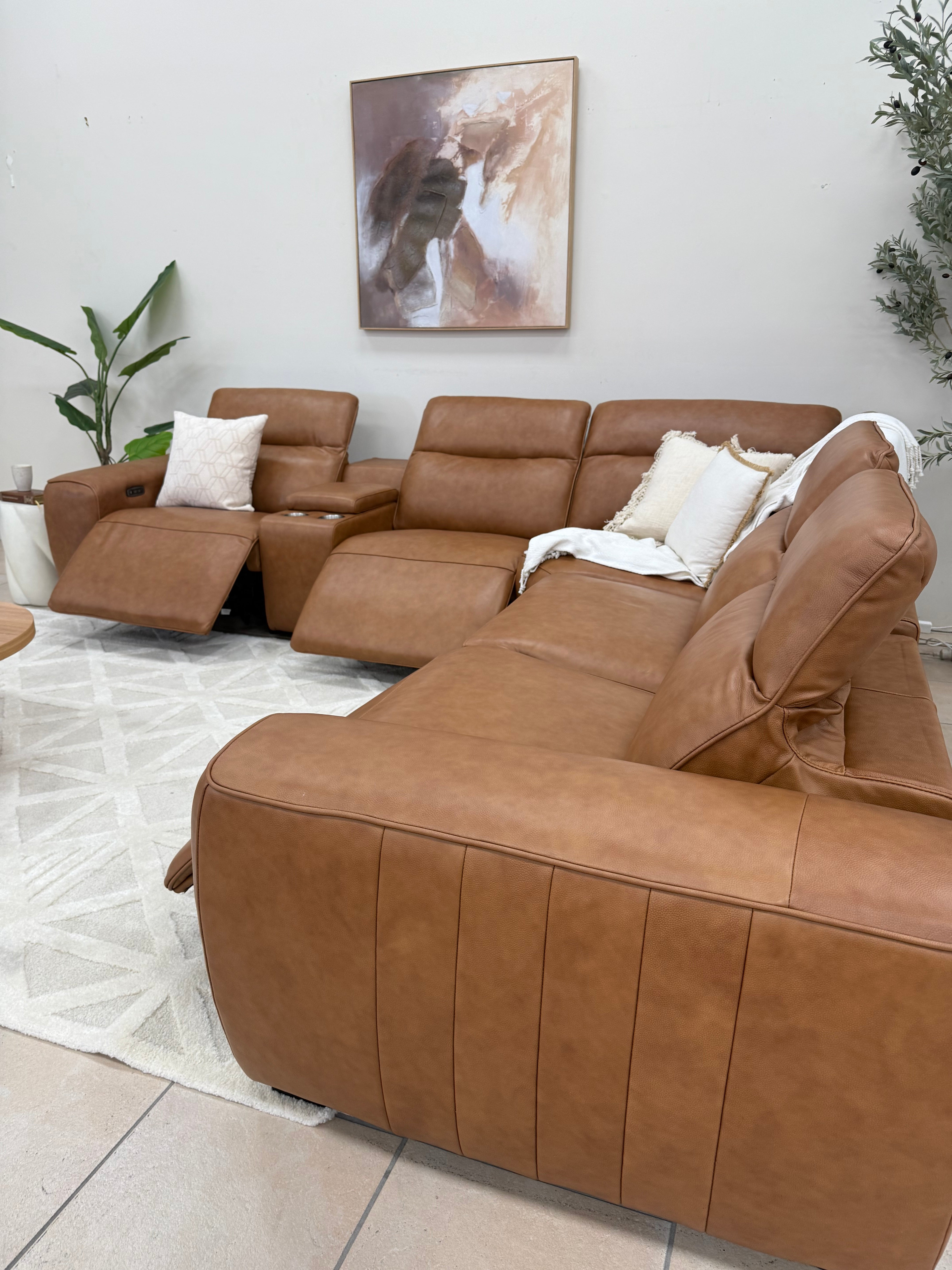 Haines Modular Lounge With 3 Dual Motor Electric Recliners In Tan Leather
