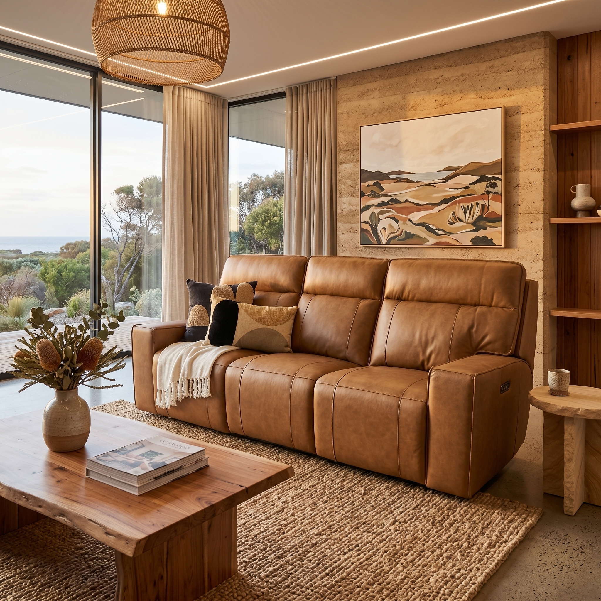 Rockville 3 seater with dual electric recliners in vintage tan leather
