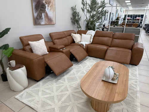 Haines Modular Lounge With 3 Dual Motor Electric Recliners In Tan Leather