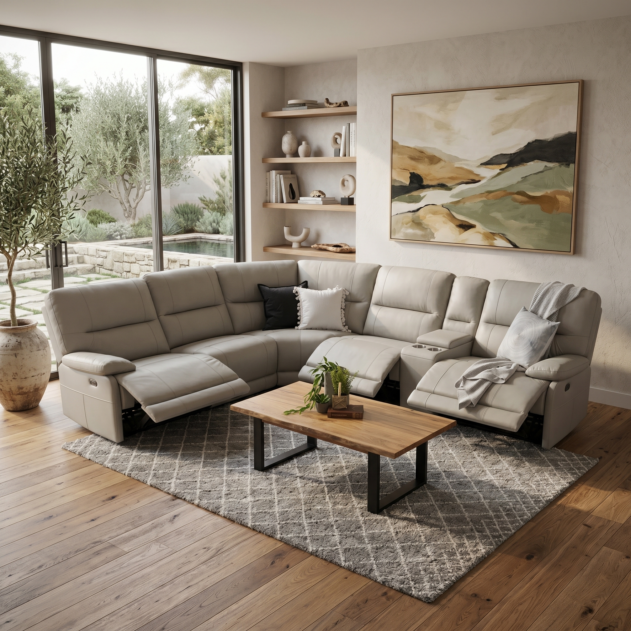 Caruso 100% Leather Modular With 3 x Electric Recliners In Beige Stone