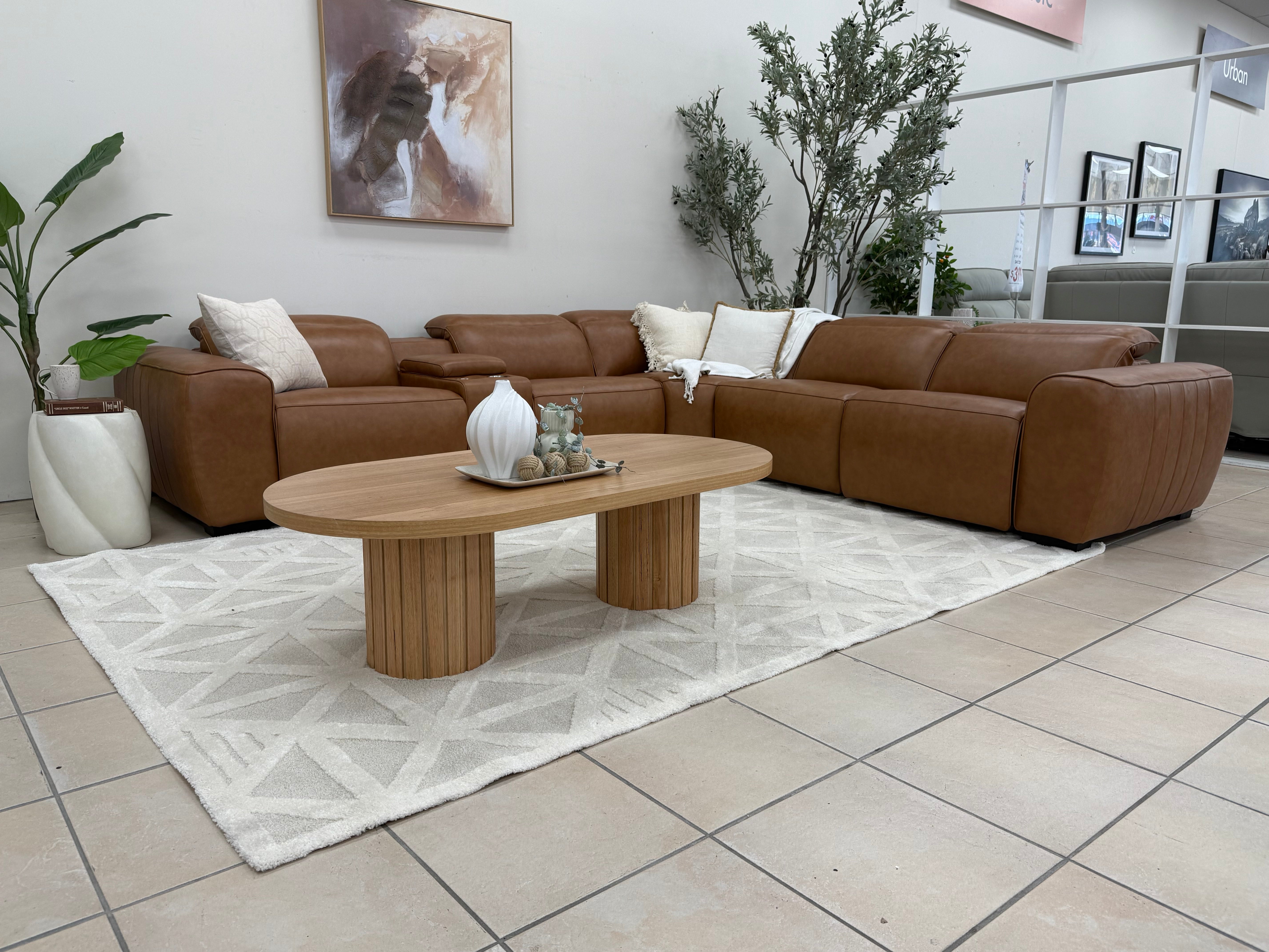Haines Modular Lounge With 3 Dual Motor Electric Recliners In Tan Leather
