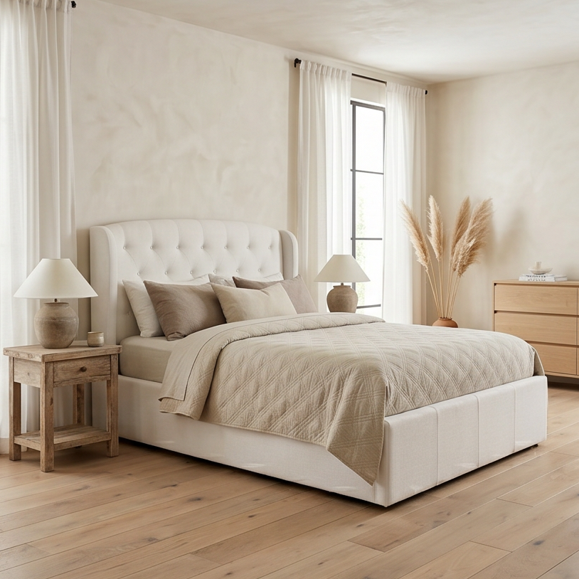 Dallas Double Bed With Gas Lift In Natural Upholstery