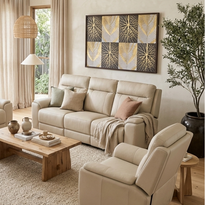 Nebraska 3 Seater Triple Electric in Beige Leather