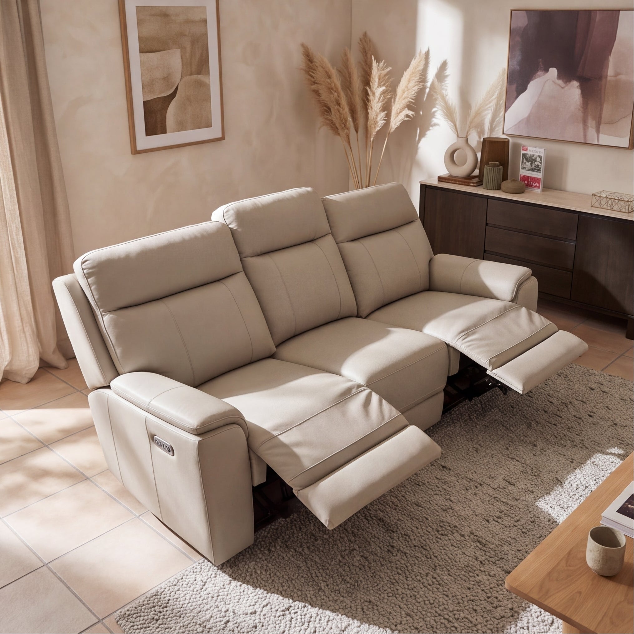 Nebraska 3 Seater Triple Electric in Beige Leather