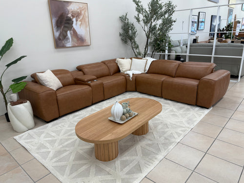 Haines Modular Lounge With 3 Dual Motor Electric Recliners In Tan Leather