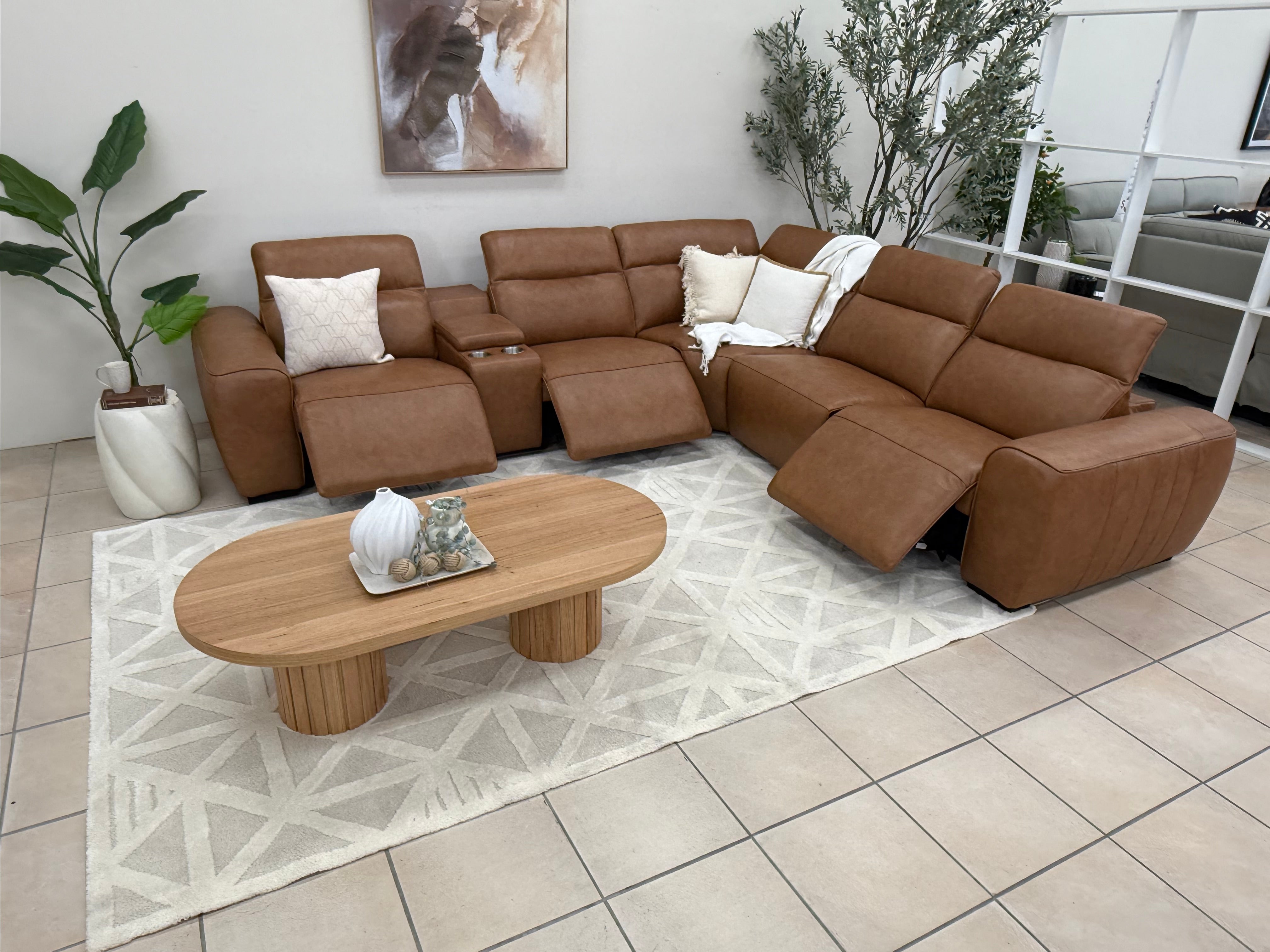 Haines Modular Lounge With 3 Dual Motor Electric Recliners In Tan Leather