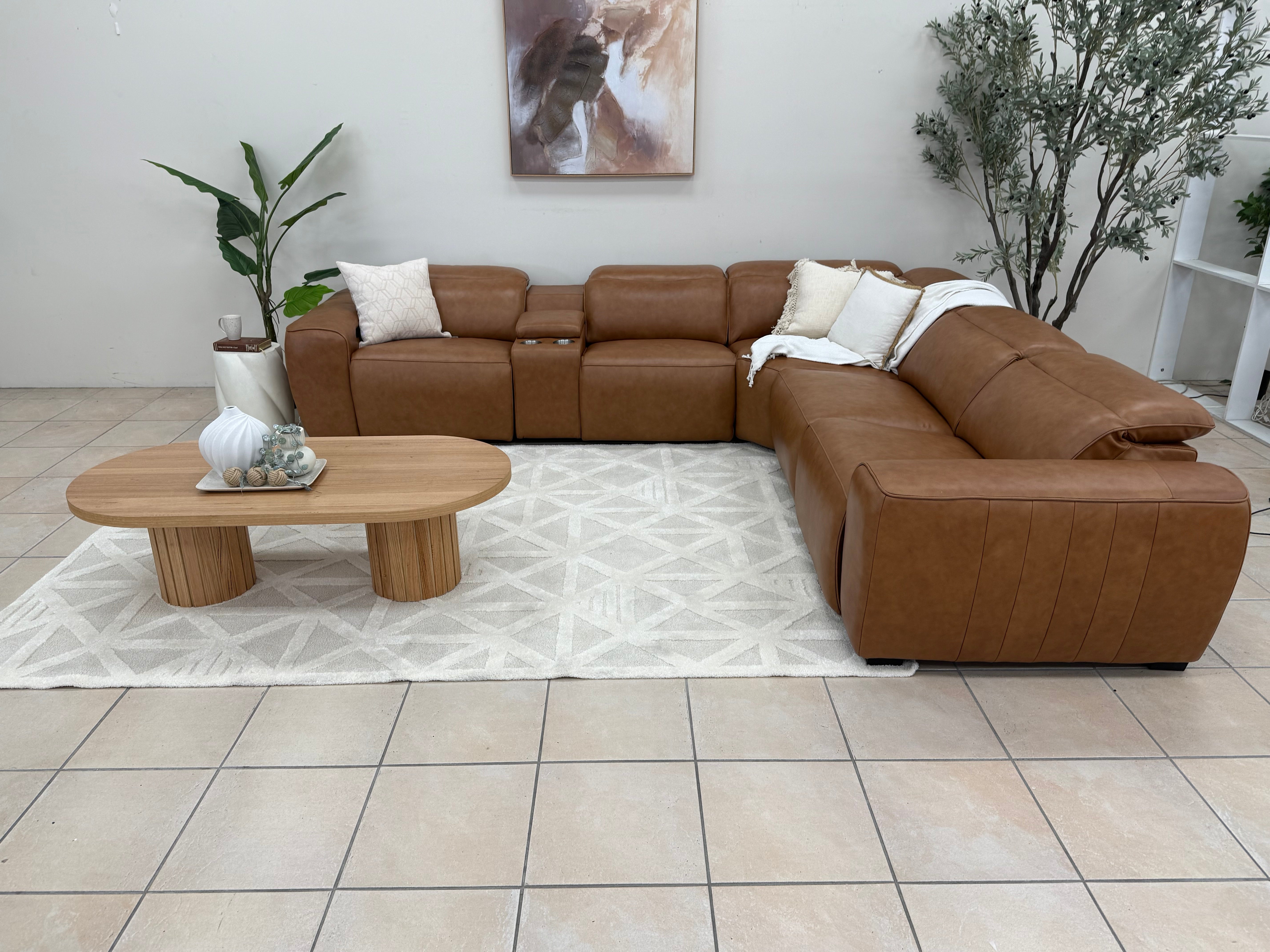 Haines Modular Lounge With 3 Dual Motor Electric Recliners In Tan Leather