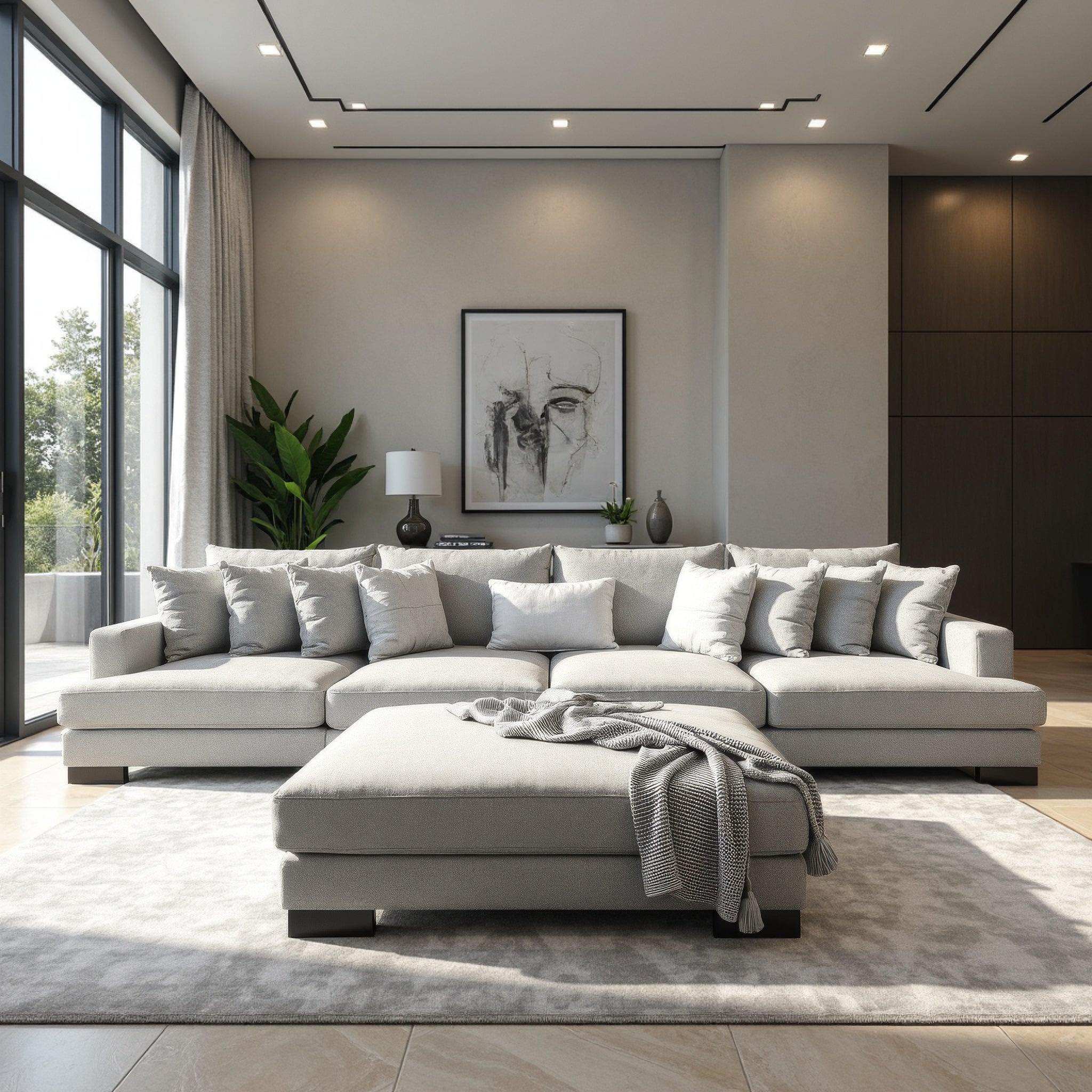 Lay-about sofa with ottoman light grey