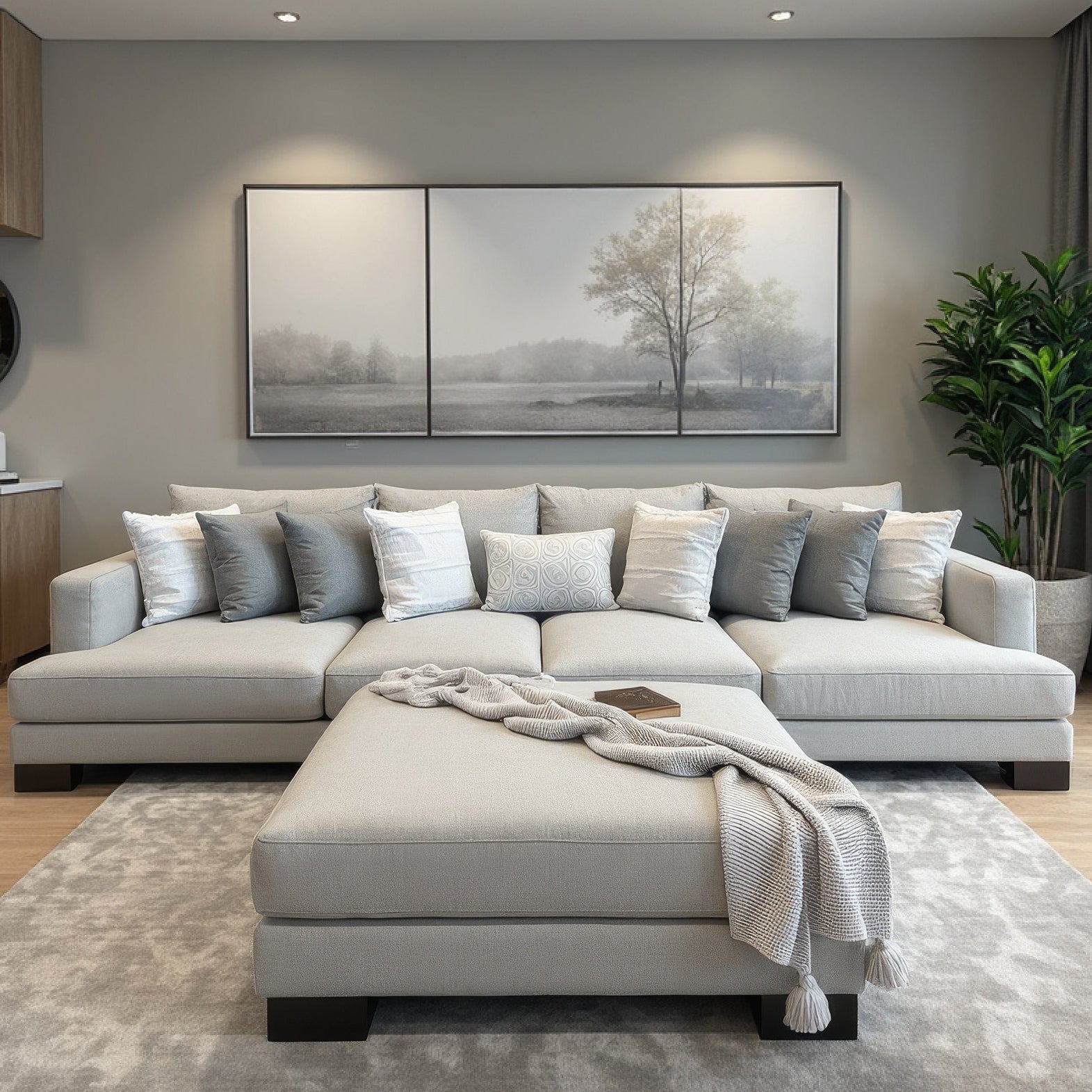 Lay-about sofa with ottoman light grey