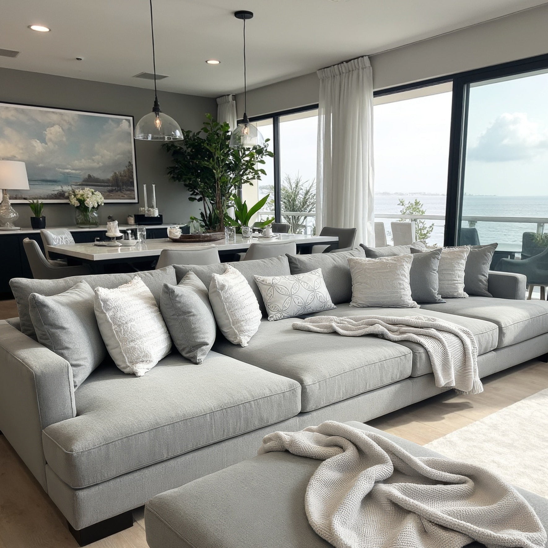 Lay-about sofa with ottoman light grey