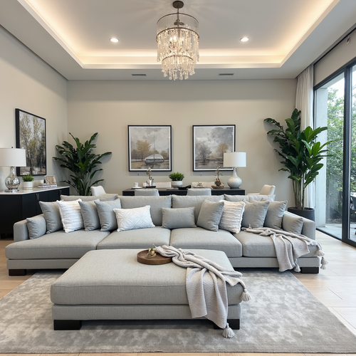 Lay-about sofa with ottoman light grey