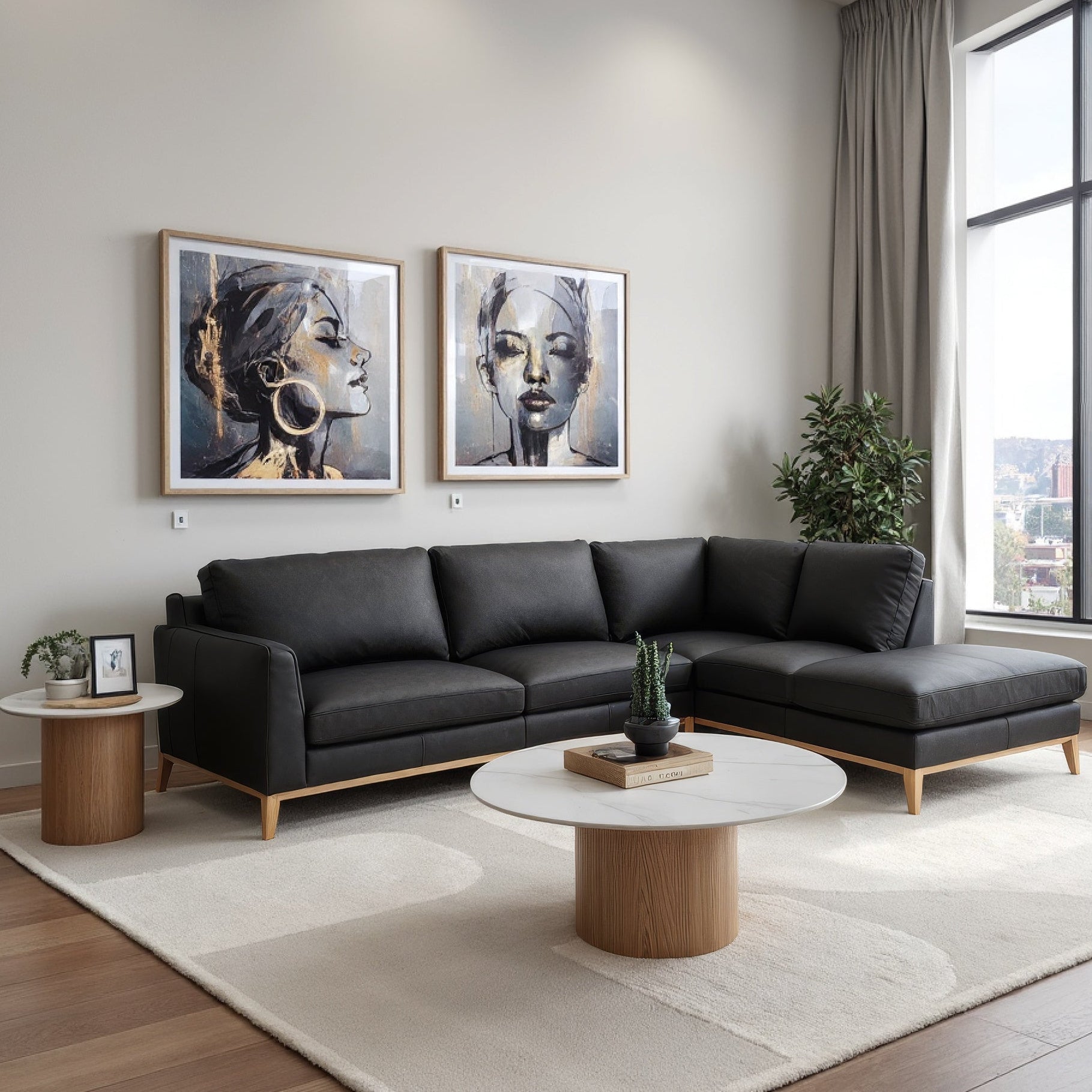 Carson Right Chaise In Black Leather