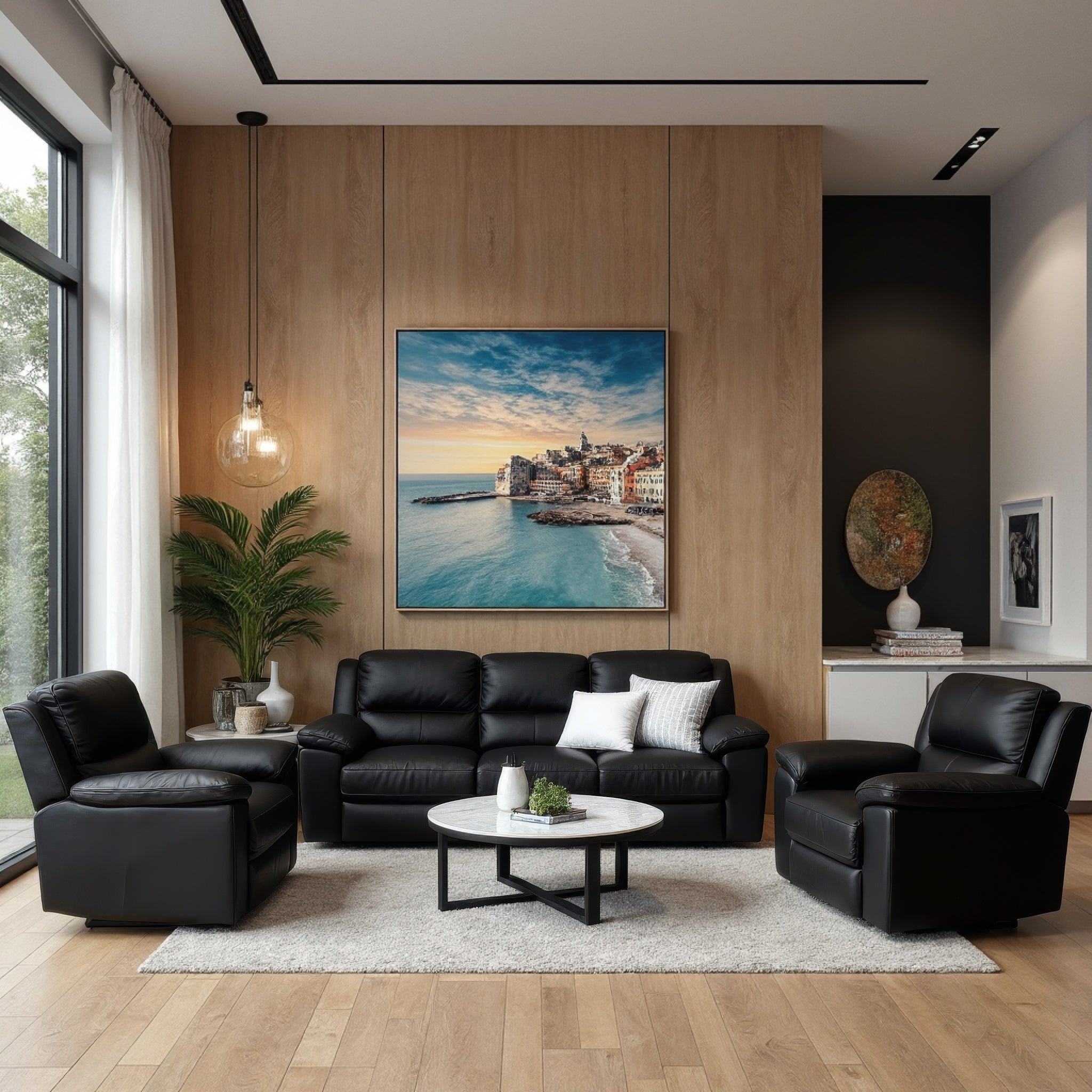 Michigan 100% Leather 3+1+1 Sofa Package In Black