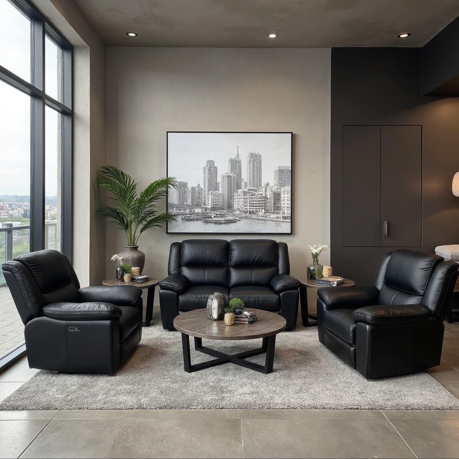 Michigan 100% Leather 2+1+1 Seater Package In Black