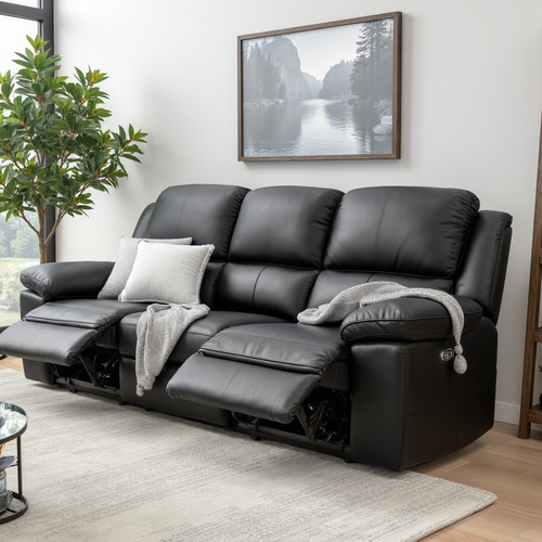 Michigan 3 seater with electric recliners in black leather