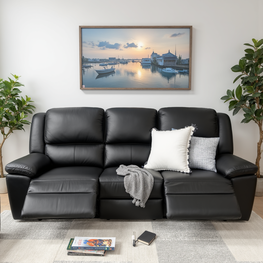 Michigan 3 seater with electric recliners in black leather
