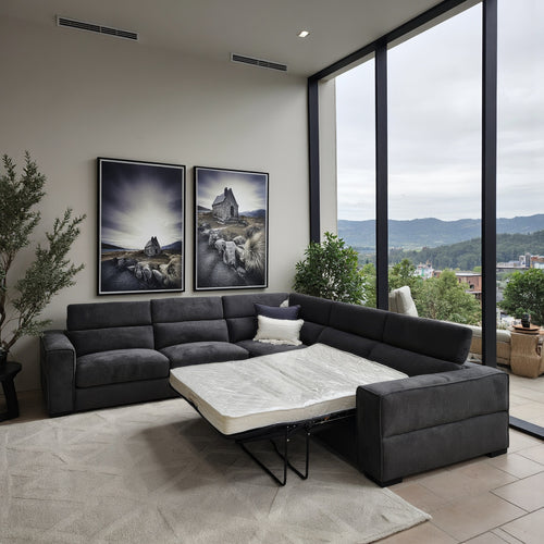 Fairmont Right Corner Sofa Bed With Electric Recliner In Dark Grey