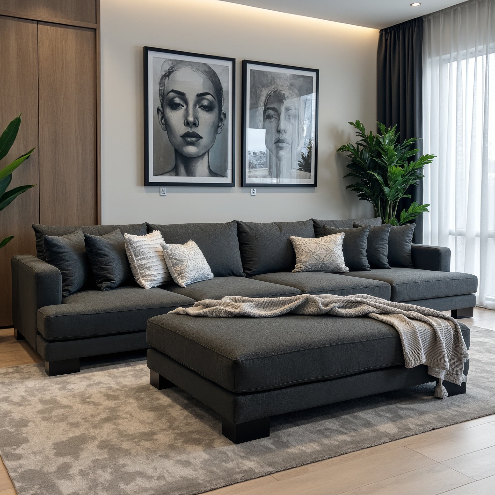 Lay-about sofa with ottoman dark grey
