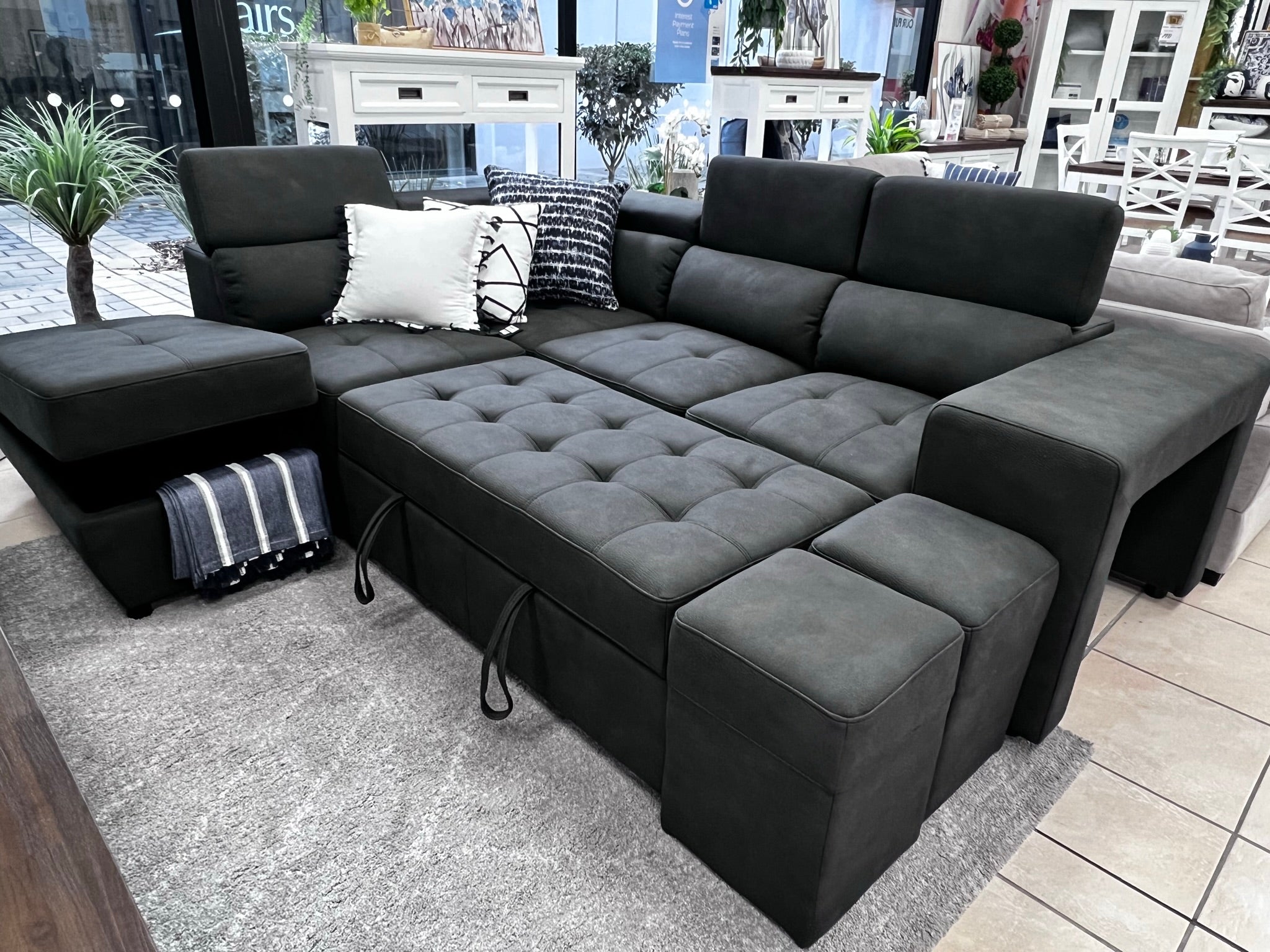 Hermes Left Chaise with sofa bed in Charcoal Our Furniture Warehouse