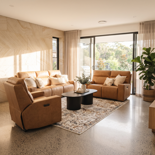 Rockville 3+2+1 Dual Motion Recliner Package in Vintage Tan Leather