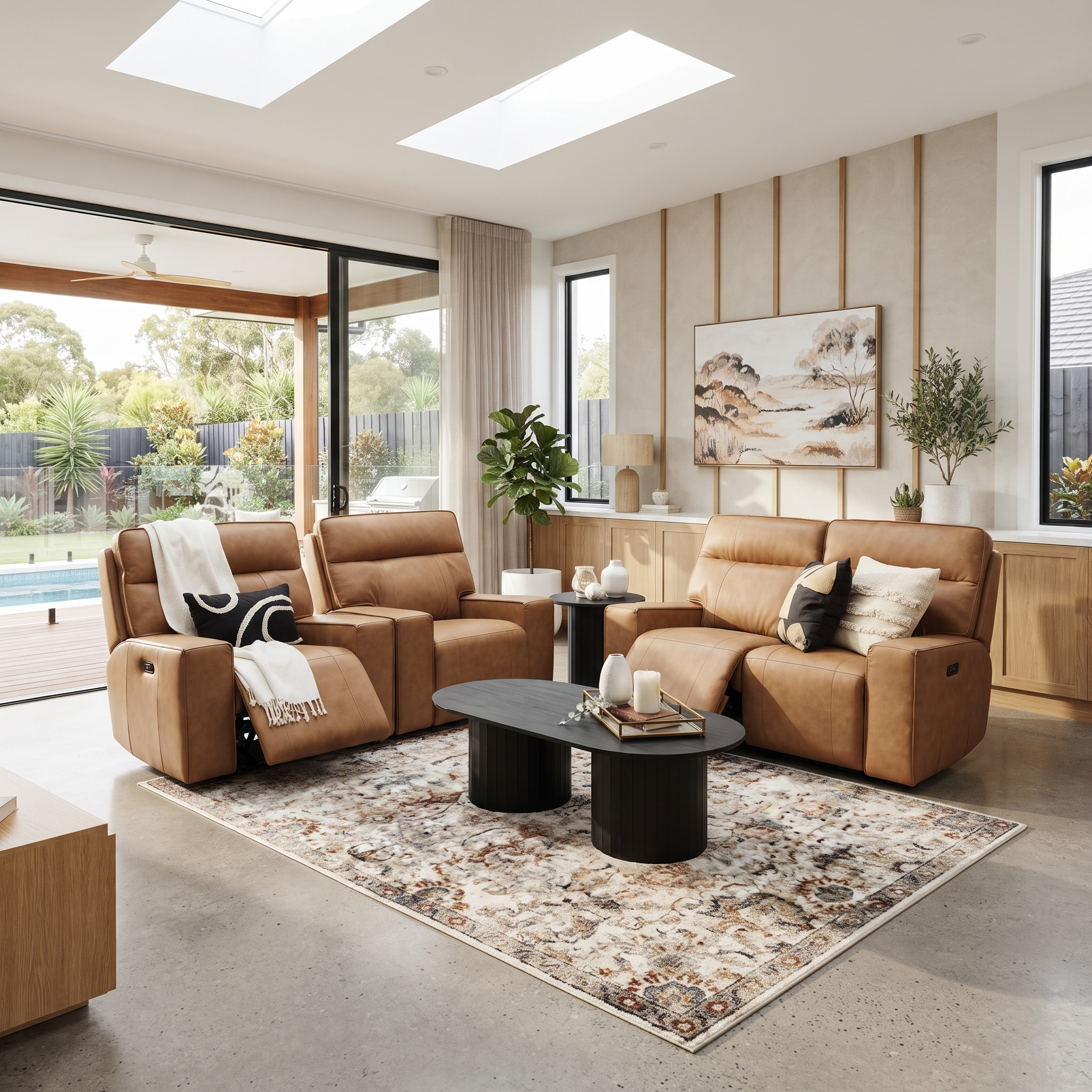 Rockville 2+1+1 Dual Motion Recliner Package in Vintage Tan Leather