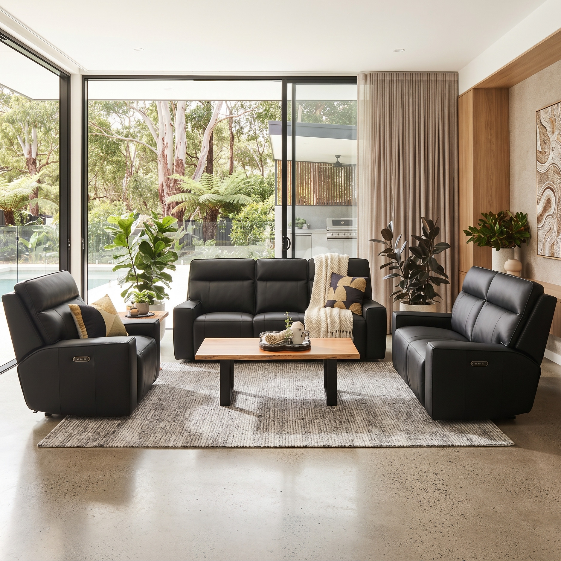 Rockville 3+2+1 Dual Motion Recliner Package in Black Leather